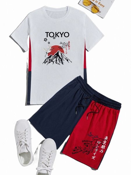 

men letter & crane print tee & colorblock shorts c6z0#, Gray