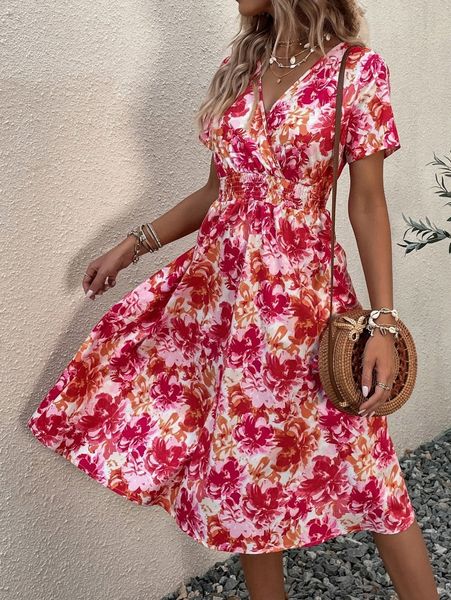 

allover floral print shirred waist dress a3yc#, Black;gray