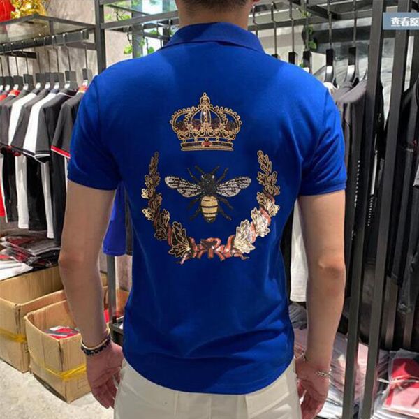 Herren-Polo-Kurzarm-T-Shirt, Biene, Krone, Diamant, Strass, neuester Sommertrend, männliche Revers-T-Shirts, junger, hübscher Design-Stil, blaue Baumwolle, Herrenbekleidung, S-3XL