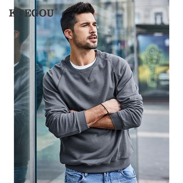 

kuegou 100 cotton mens sweatshirts spring autumn fashion sweatshirt men pure color hoodie plus size lj200826, Black