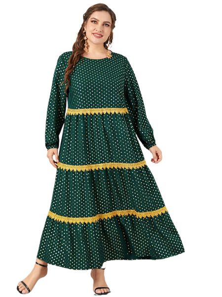 

plus gold polka dot lantern sleeve guipure lace panel ruffle hem dress u7lg#, Black