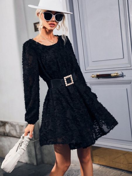 

lantern sleeve ruffle hem fuzzy chiffon dress without belt 68ov#, Black;gray