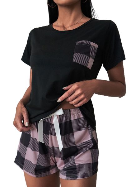 

pocket patched tee & buffalo plaid print shorts pj set i2hh#, Black;red