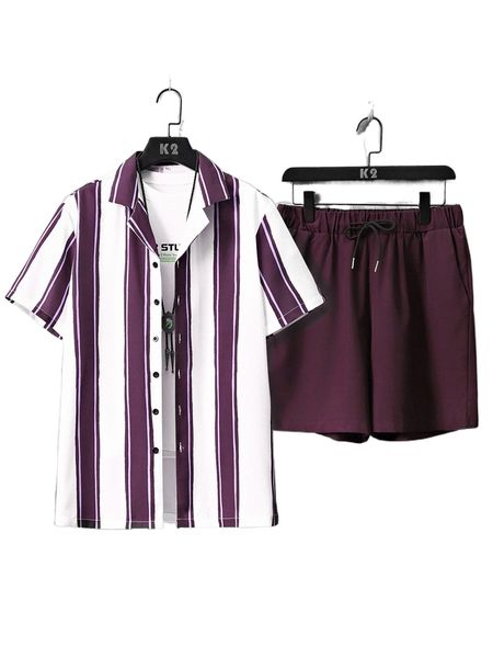 

men striped print shirt & drawstring waist shorts without tee 48ww#, Gray