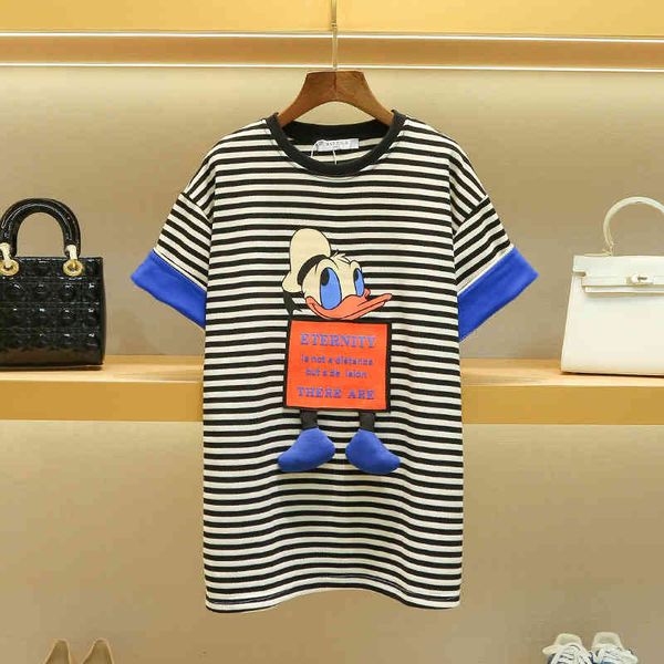 

omen's t-shirt summer stripe women's shirt with round sleeves, White