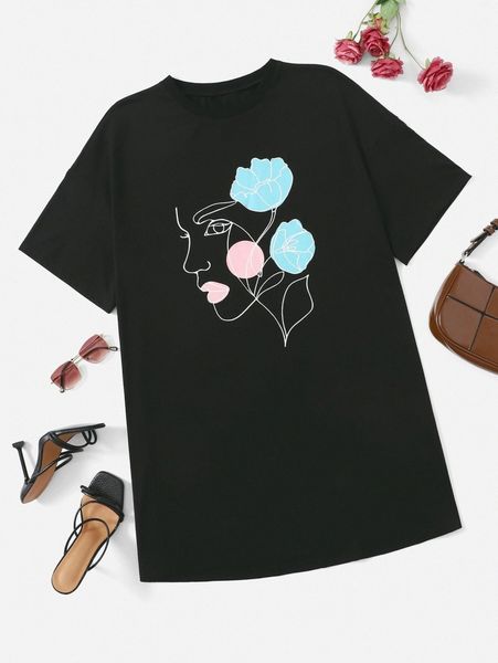 

plus floral & figure graphic tee dress h1qt#, Black