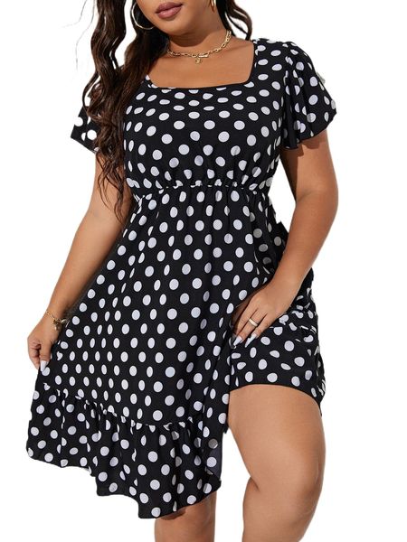 

plus polka dot flutter sleeve tie back ruffle hem dress y6wu#, Black