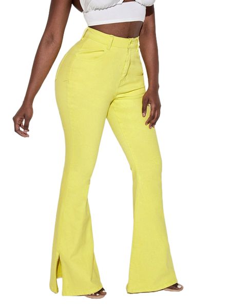 

sxy split hem flare leg jeans z8b5#, Blue