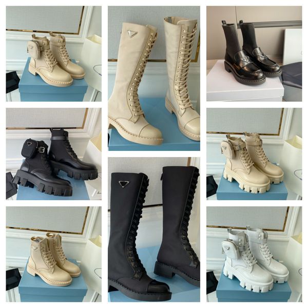 

designer women monolith boot branded triangle half knee boots thick heels ankle booties genuine leather ladies womens winter platform shoes, Black