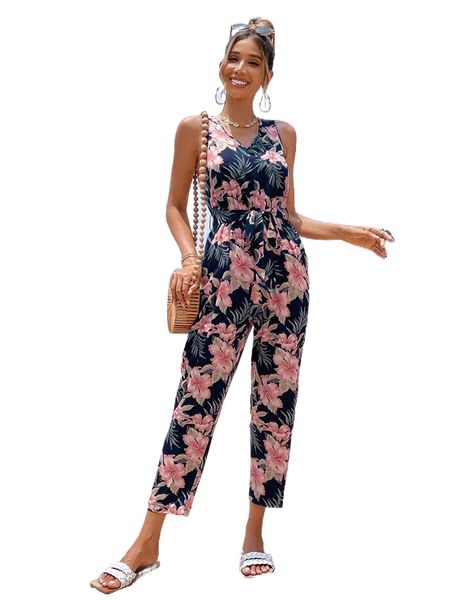 

floral print tie back belted jumpsuit l8j0#, Black;white