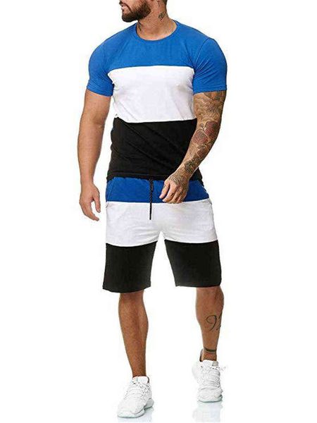 

men's summer splicing short sleeve leisure sports round neck color matching t-shirt shorts set, Gray