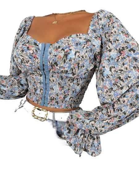 

allover floral print flounce sleeve hook and eye crop blouse k1mi#, White
