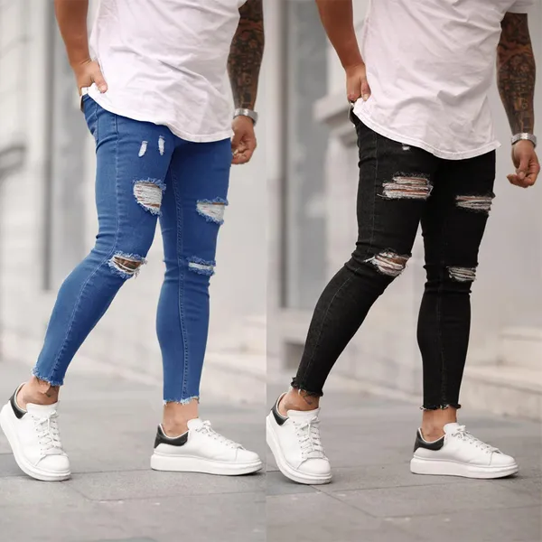 Tasarımcı seksi yırtık kot erkekler ince uzun kalem pantolon bahar deliği erkekler moda ince skinny jeans erkek hip-hop pantolon kıyafetleri cl