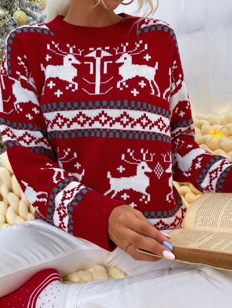 

deer and geo pattern drop shoulder sweater r81b#, White;black