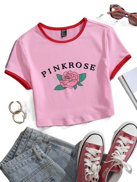 

l.etter & f.loral print ringer tee y1tw#, White