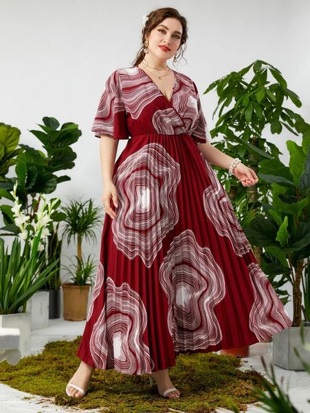 

plus annual ring print flutter sleeve overlap collar pleated hem dress e1lk#, Black