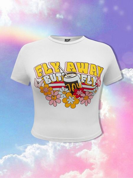 

plus floral & letter graphic tee h79i#, Black