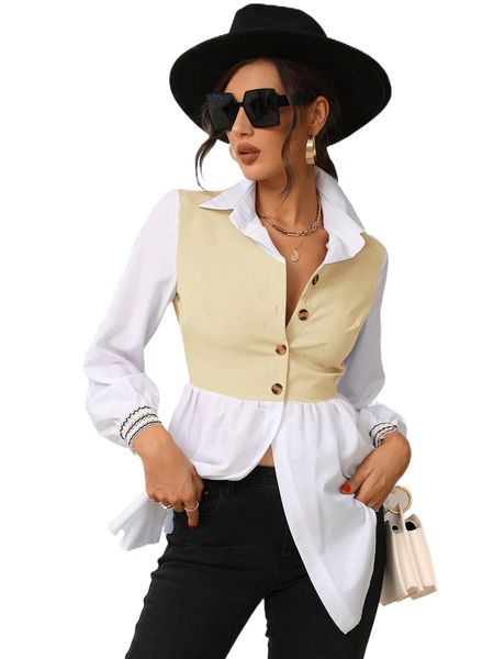 

color block lantern sleeve 2 in 1 blouse 14nb#, White