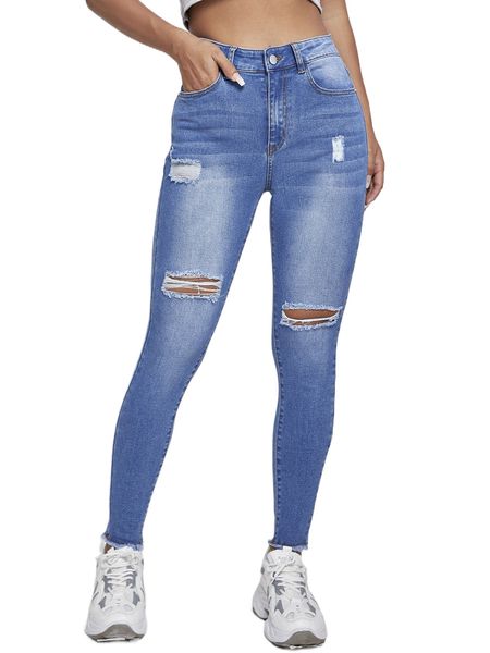 

high waist ripped skinny jeans e9x1#, Blue