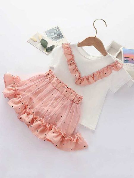 

little girl poca dot ruffle t-shirt and stitched mesh ruffle hem shorts she, White