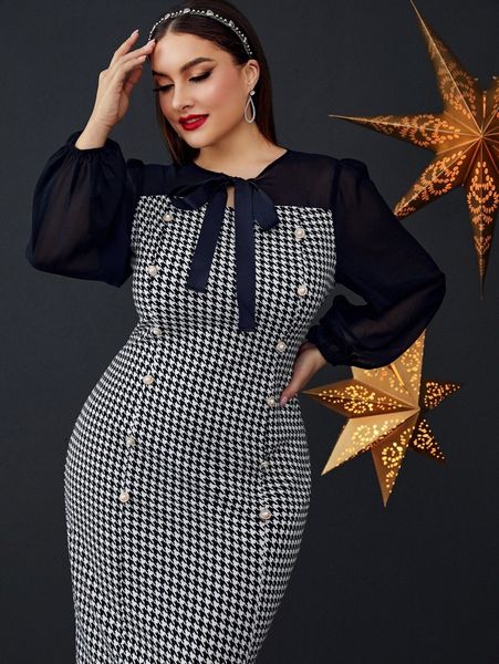 

plus houndstooth mesh insert lantern sleeve tie neck split hem dress i51c#, Black
