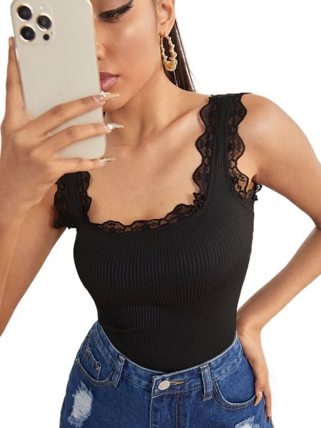 

petite lace trim rib-knit tank y27u#, White