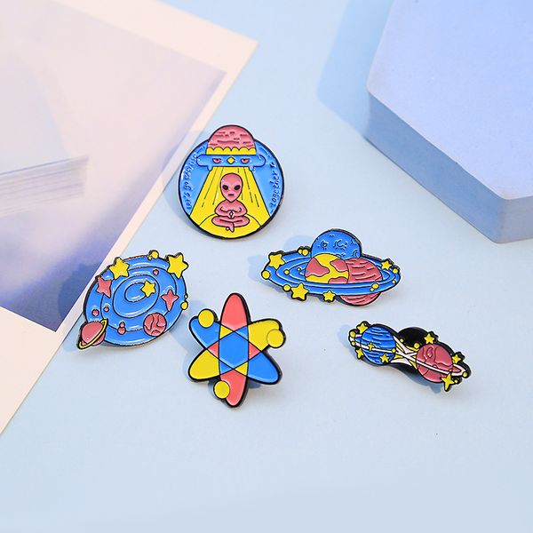 

cartoon alloy brooch set 5pcs pink alien spaceship enamel paint badges for girls the orbits of the major planets pin denim shirt fashion jew, Gray