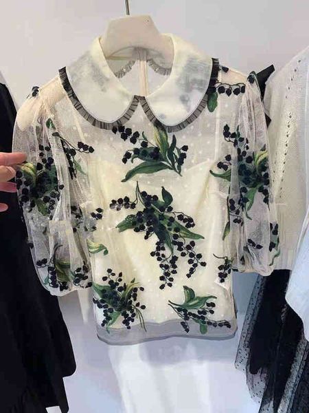 

women's knits tees french spring summer mesh baby collar embroidered lace shirt short 5 4 sleeve shirt two piece set women, White