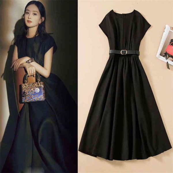 

casual dresses europe station spring and summer lace up waist big swing temperament dress women's middle long small black skirt, Black;gray