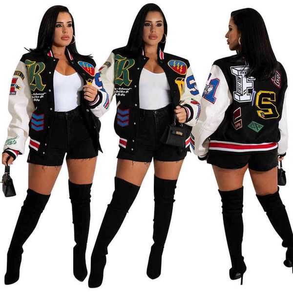 

2021 aww women's button fashion printed bomber jacket, Black;brown