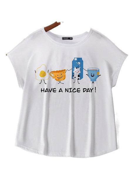 

plus cartoon & slogan print tee m2jg#, Black