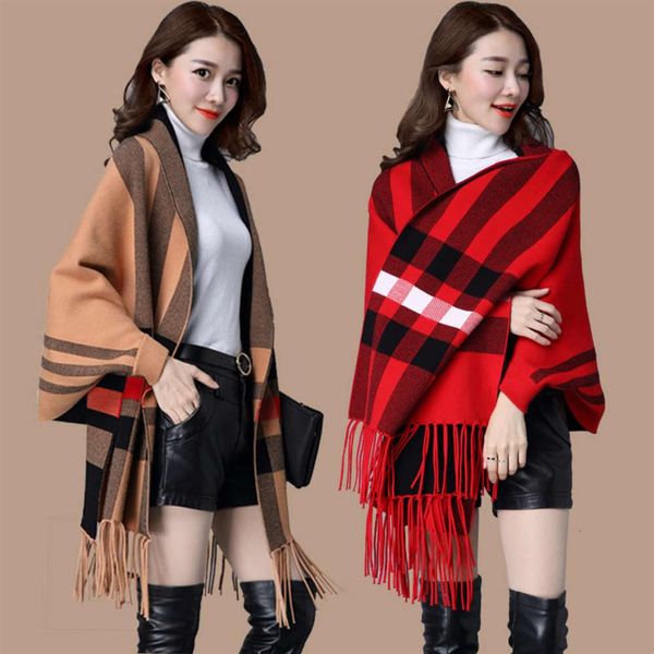 

shawls autumn winter knitted cape women's thickened sleeves spring and fashion with plaid shawl238l, Blue;gray