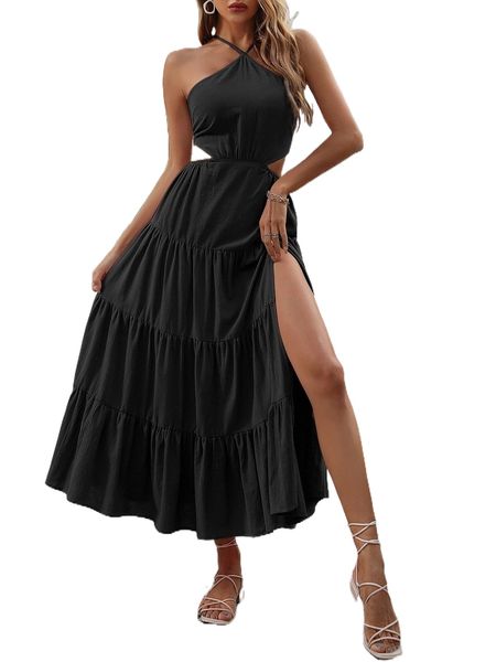 

crisscross tie backless cut out ruffle hem split thigh dress k6wh#, Black;gray