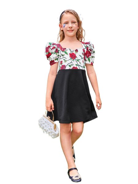 

girls floral print puff sleeve sweetheart neck dress j5tp#, Black;white