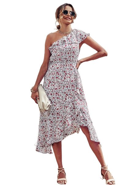 

ditsy floral one shoulder ruffle trim dress v2oy#, Black;gray