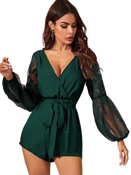 

surplice neck sheer lace bishop sleeve romper x1eo#, Black;white