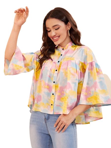 

tie dye plicated detail trumpet sleeve high low hem blouse w2fi#, White