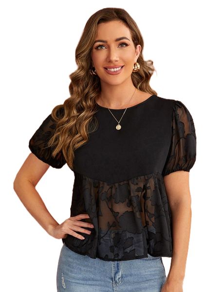 

jacquard p.uff s.leeve p.eplum c.hiffon b.louse c2ky#, White