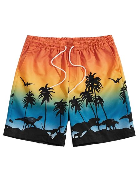 

men dinosaur & plant print drawstring waist shorts 56gb#, White;black