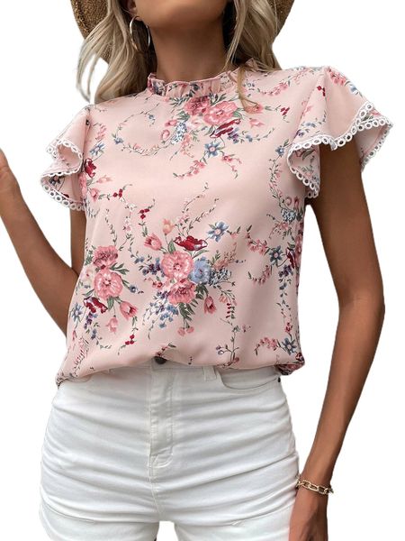 

floral print contrast guipure lace butterfly sleeve frill neck blouse t3fz#, White