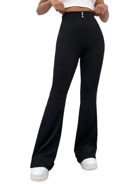 

high waist fake button flare leg pants b95j#, Black;white