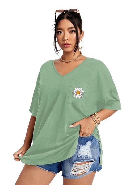 

plus floral print longline tee v1sy#, Black