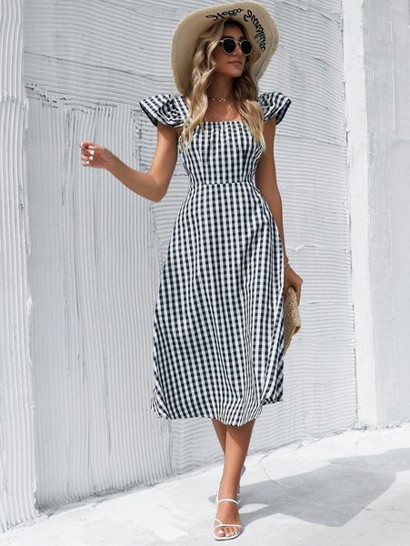 

gingham print ruffle trim dress d8hu#, Black;gray