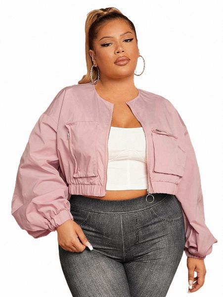 

sxy plus drop shoulder lantern sleeve zipper up crop jacket g3vn#, Black