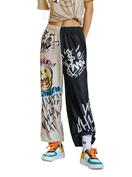 

romwe colorblock letter graphic sweatpants b6tq#, Black;white