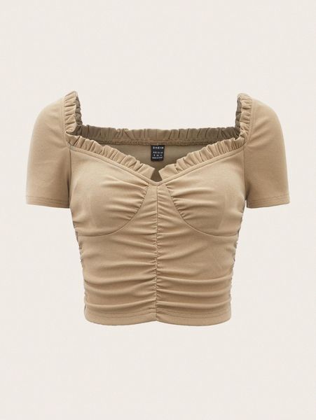 

frill trim ruched t-shirt 72um#, White