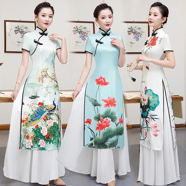 Roupas étnicas estilo chinês manga curta estampa floral qipao feminino elegante longa cheongsam performance vestido de verão 2022 plus size s-5xl