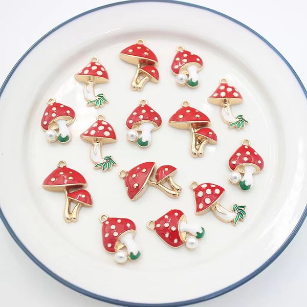 

18pcs cartoon red enamel mushroom charms zinc alloy enamelled mushrooms with imitation pearl pendants gold color jewelry finding, Bronze;silver
