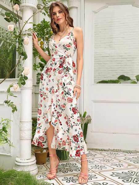 

floral print tie side asymmetrical hem wrap cami dress z06d#, Black;gray