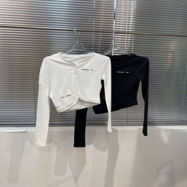 

women's t-shirt dangjia summer product reverse two long sleeved shirt with button letters embroidered t-shirt around the edge, White